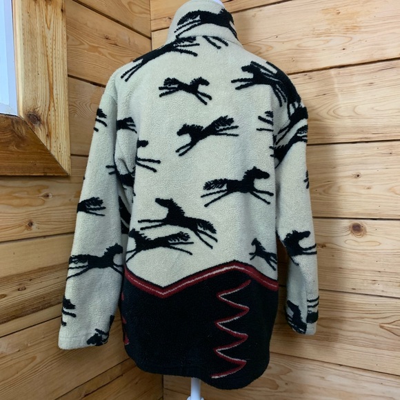 Fleece Black Cream Horse Patterned Teddy Jacket Aztec Equestrian Women's Medium - Picture 4 of 7